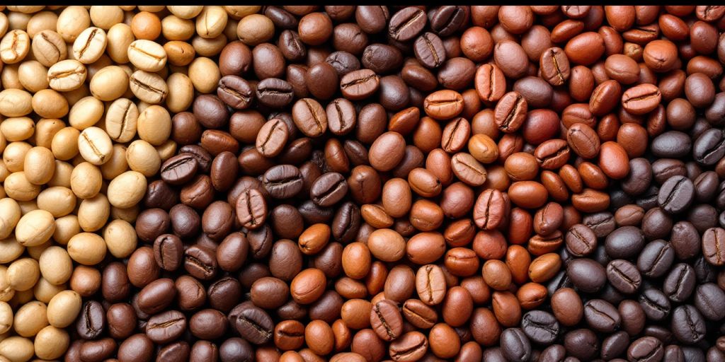 Variety of coffee beans in different colors and textures.