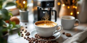 Coffee maker with fresh beans and steaming cup.