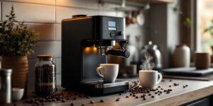 Modern Coffee Machine With Coffee Beans And Mugs.