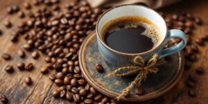 Close-Up Of Coffee Cup With Beans On Table.