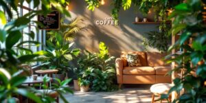 Cozy Malaysian Cafe With Lush Greenery And Coffee Drinks.