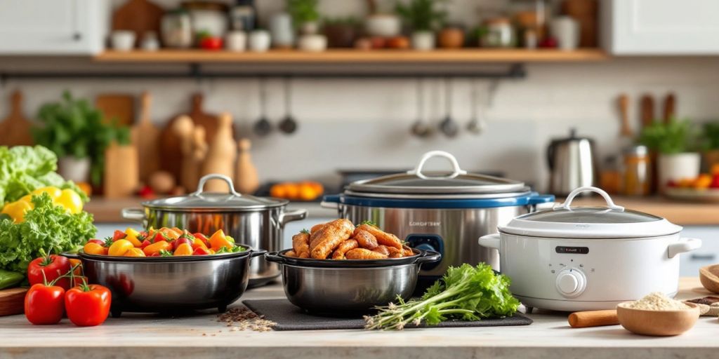 Colorful kitchen with various roasters and fresh ingredients.