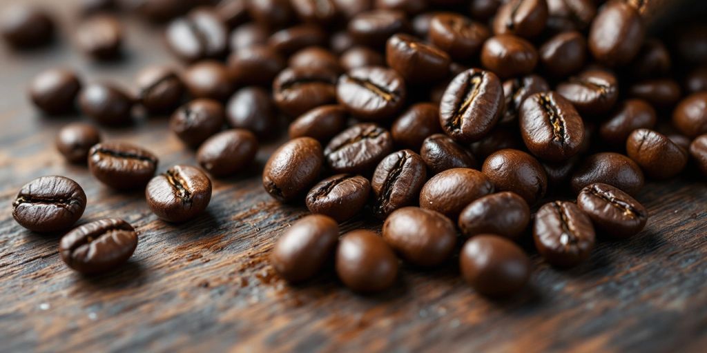 Close-up of glossy roasted coffee beans on wood.