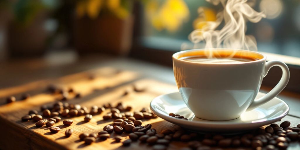 A steaming cup of coffee on a wooden table.