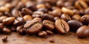 Variety Of Coffee Beans On Wooden Surface.