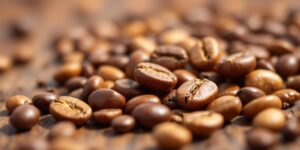 Close-Up Of Assorted Coffee Beans On A Wooden Surface.