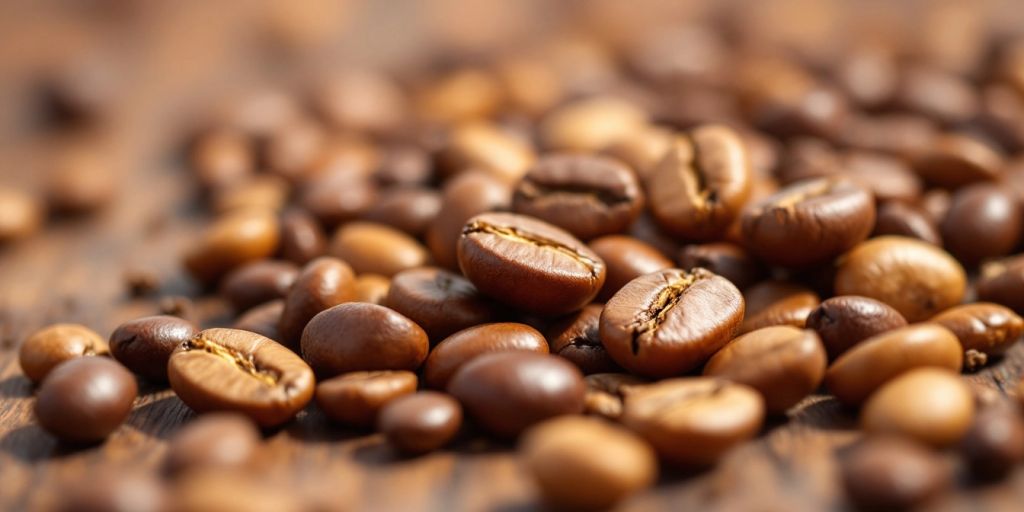 Close-up of assorted coffee beans on a wooden surface.