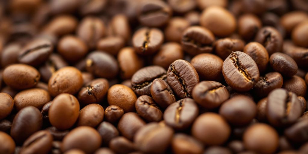 Close-up of assorted coffee beans in various textures.