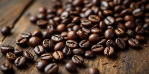 Close-Up Of Dark Arabica Coffee Beans On Wood.