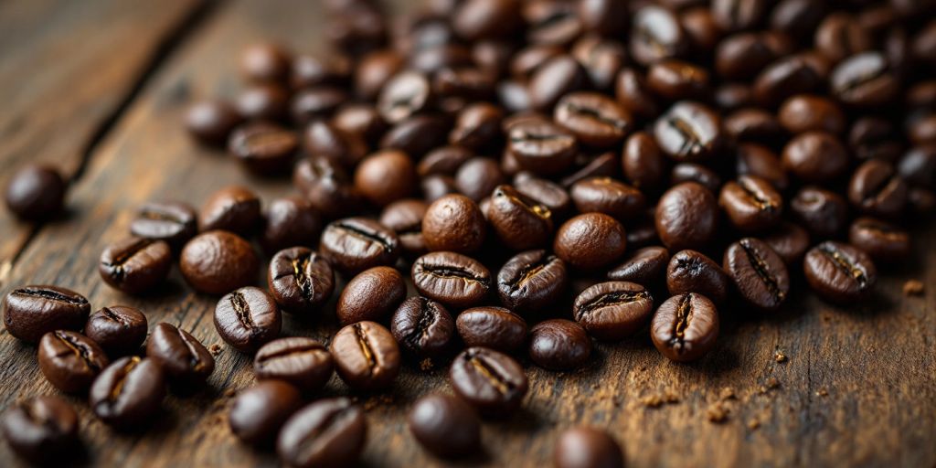 Close-up of dark Arabica coffee beans on wood.